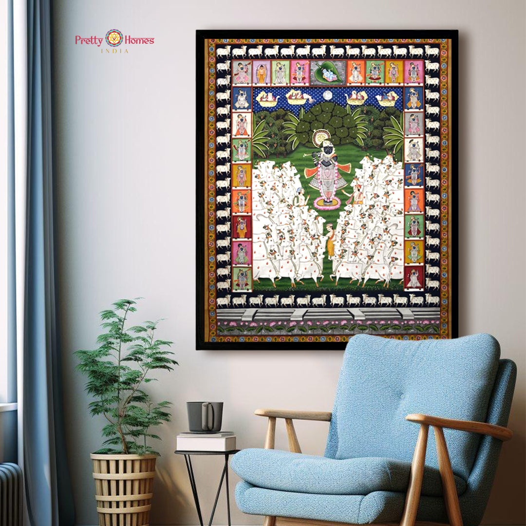 Framed Gopashtami Pichwai painting featuring Shreenathji with white cows and detailed border. Perfect for pichwai wall art.
