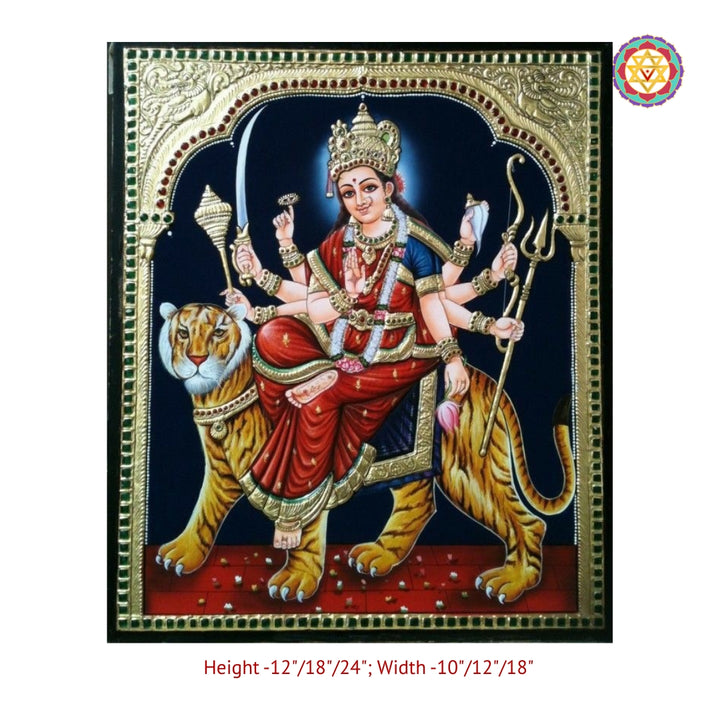 Durga Devi seated on tiger Tanjore artwork with rich colors and gold foil work