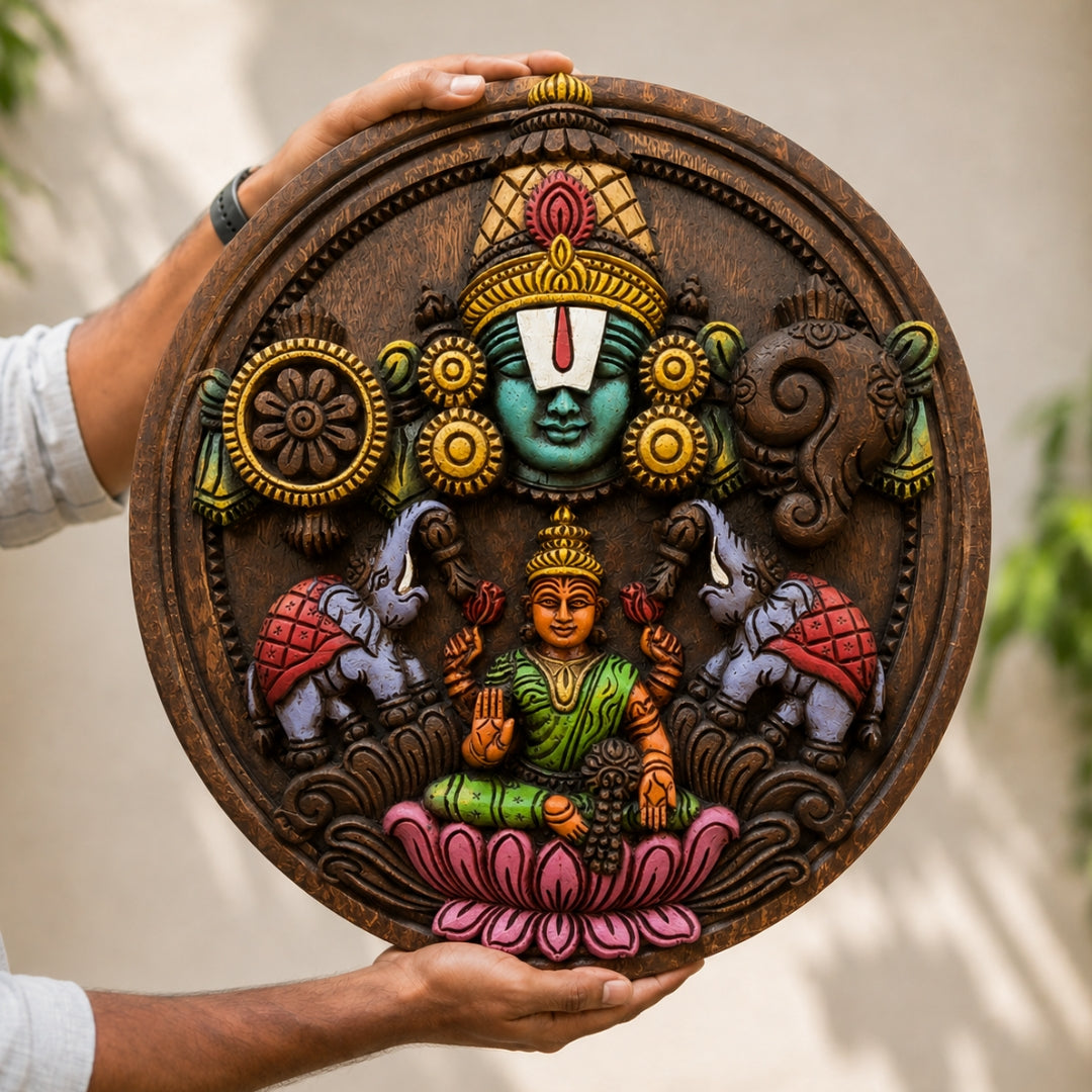 Round Handcarved Balaji with Ashtalakshmi Wall Frame
