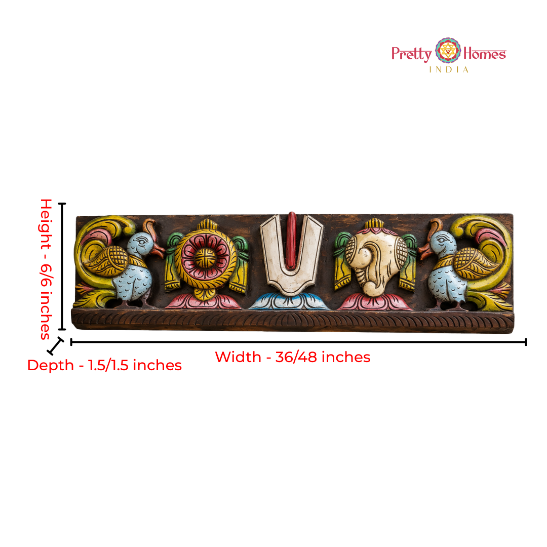 Wood-Carved Shankha Chakra Panel with Swans