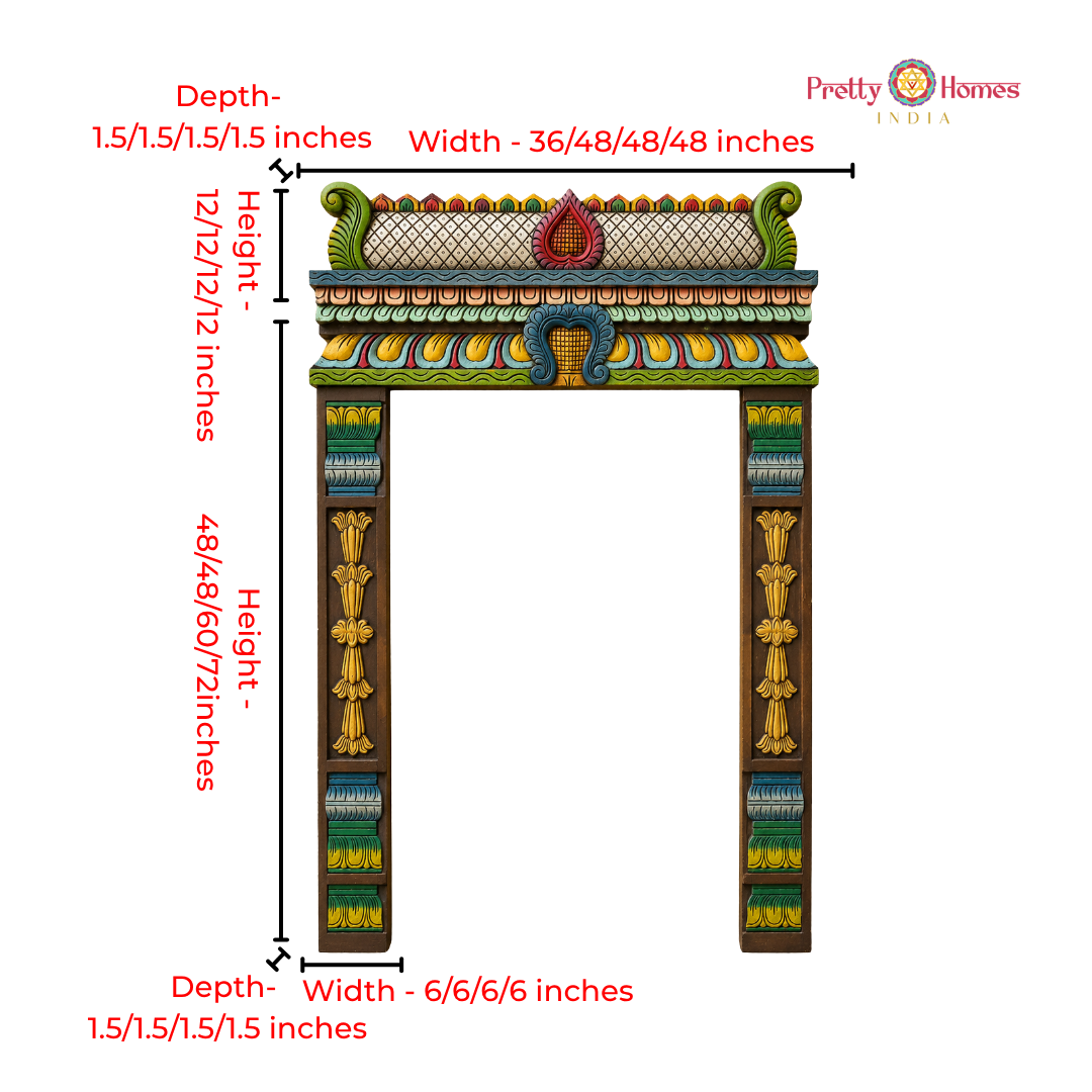 Wood-Carved Chettinad-Style Gopuram with Floral Side Pillars