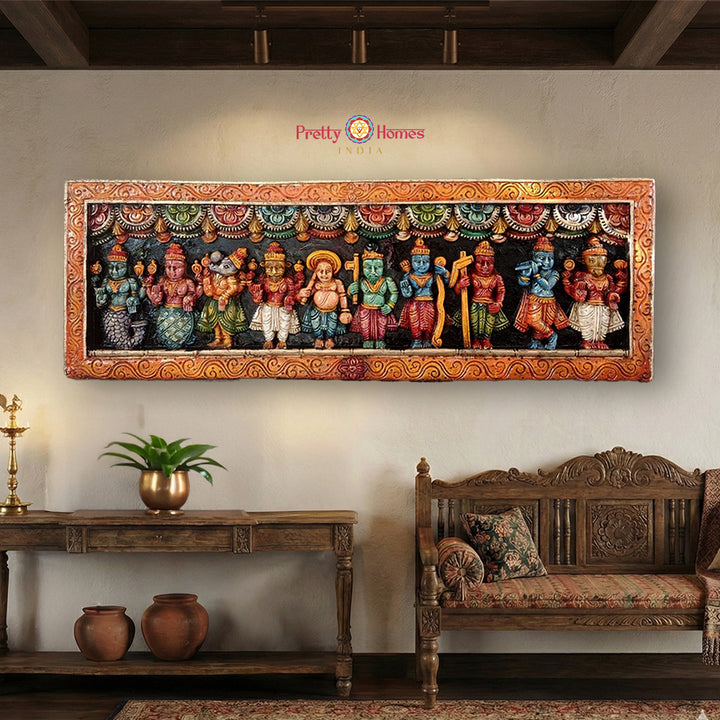 Forty-eight inch Dasavathar wood panel with intricate traditional carvings