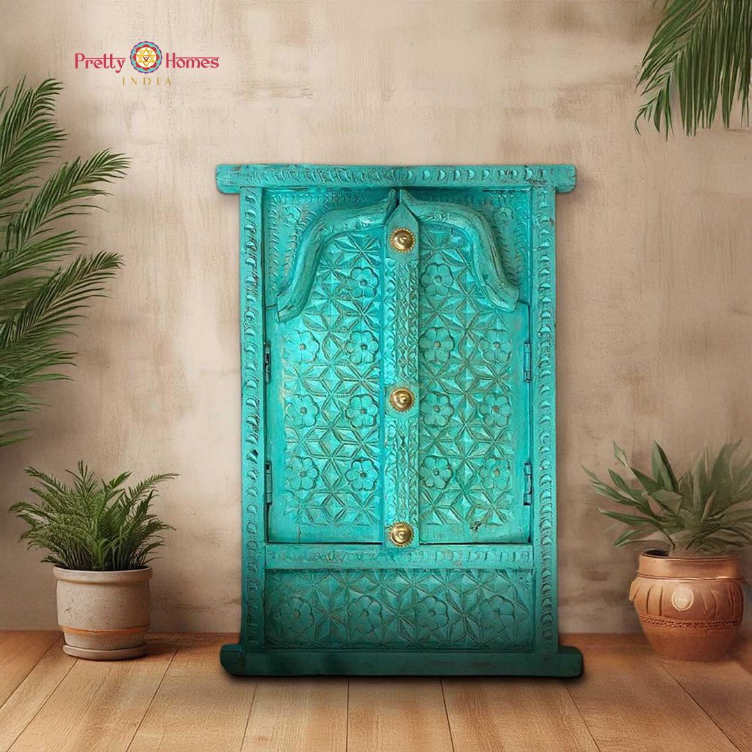 Front view of hand-painted wooden window frame with brass detailing — ethnic Indian wall decor piece for heritage interiors