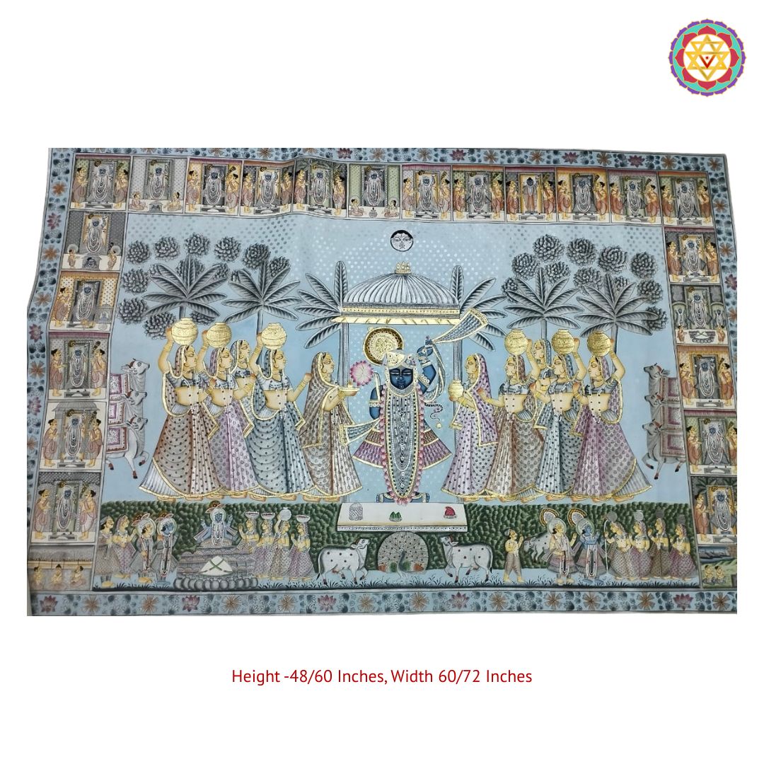 handpainted antique style pichwai cows with intricate border full view showing cow motif and ornate frame-ready border