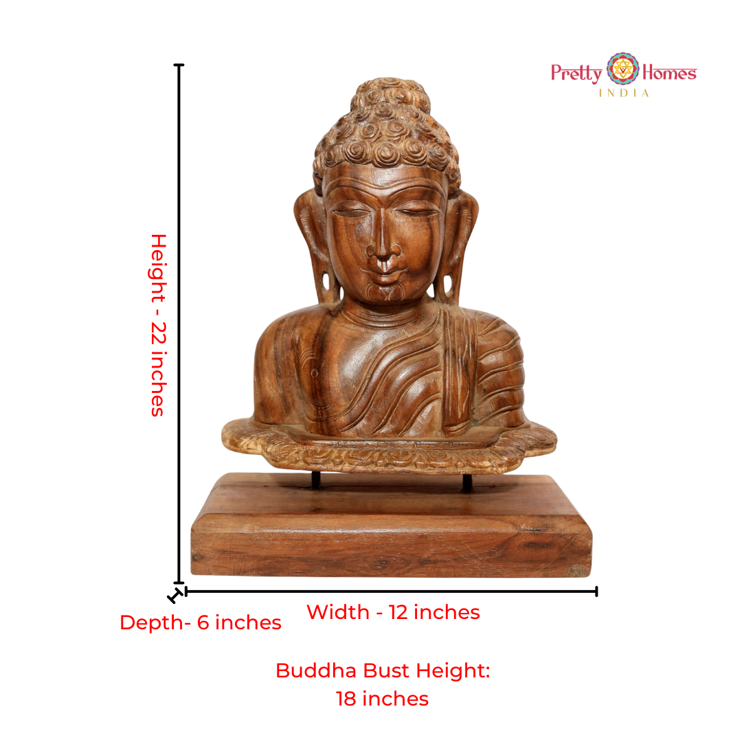 Wood-Carved Buddha Bust with Stand