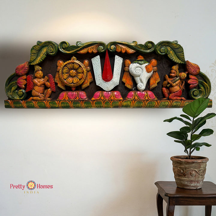 Multicolour Horizontal Carved Panel – Shankh Chakra Tilak with Garuda & Lord Hanuman