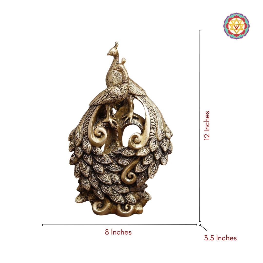 Brass Peacock Pair Statue – 12 Inch | Golden Finish Decorative Showpiece for Home, Temple and Gifting
