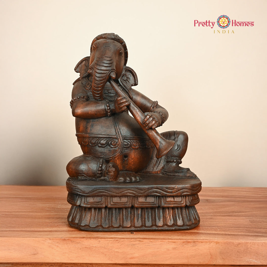 Woodcarved Ganesha Statue/Sculpture ,Playing Musical instruments (Single)