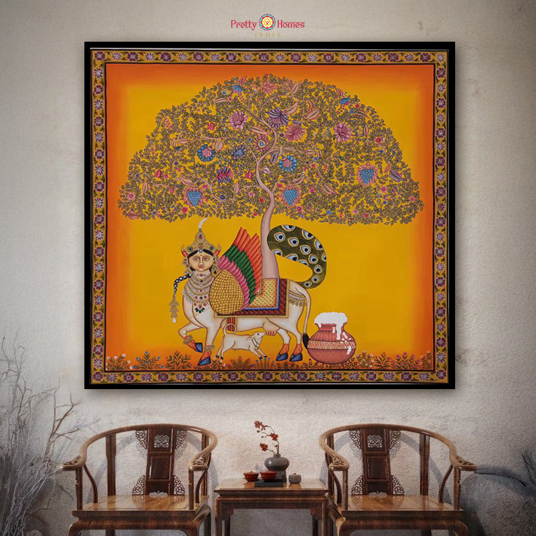 hand-painted pichwai painting of kamdhenu under the tree of life