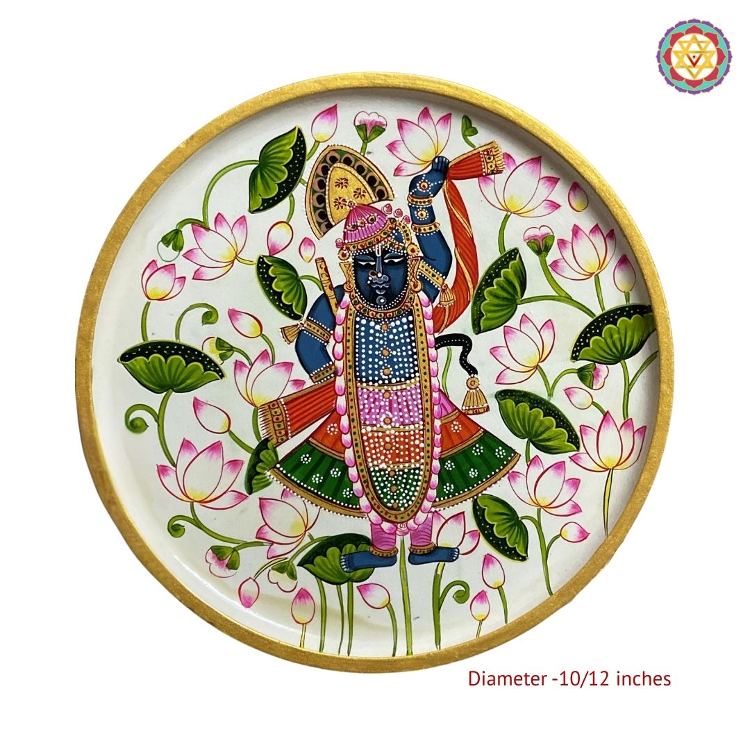 Handpainted Shrinathji wall plate showing lotus flowers and foliage