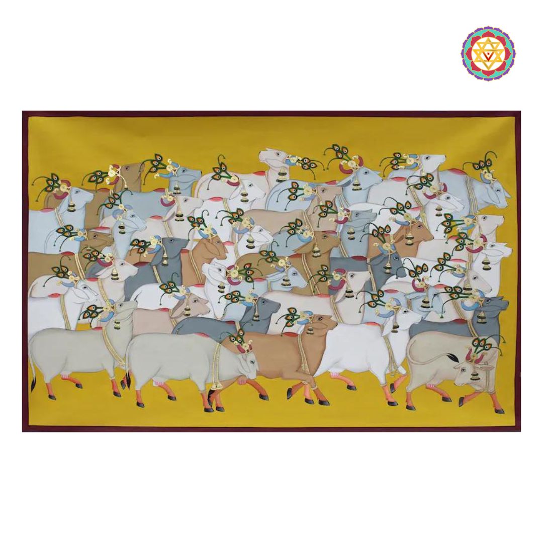 hand-painted pichwai artwork depicting traditional cows motif, vibrant and detailed devotional painting