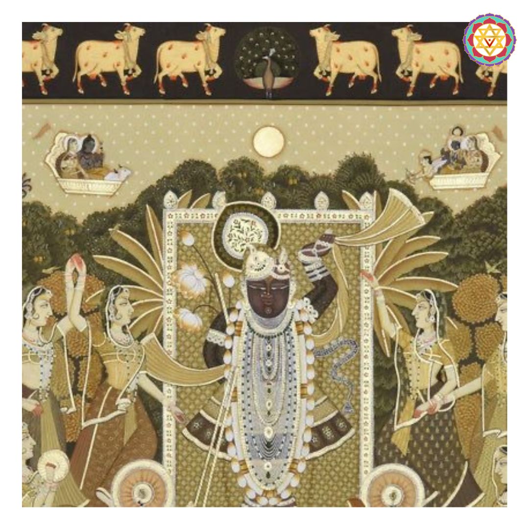 Closeup of border detail on Shrinathji Pichwai with gopika motifs