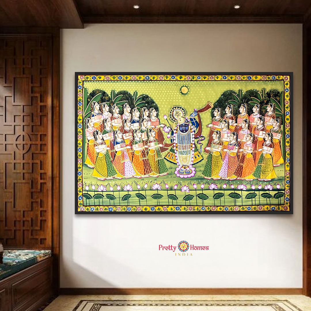 handpainted horizontal pichwai shrinathji sharad swaroop full artwork showing Shrinathji with gopikas and festive details