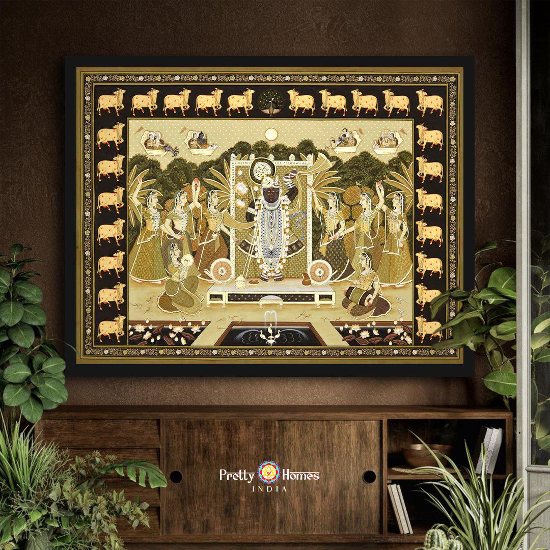 Intricate Shrinathji Pichwai with gopikas and cow motifs full view