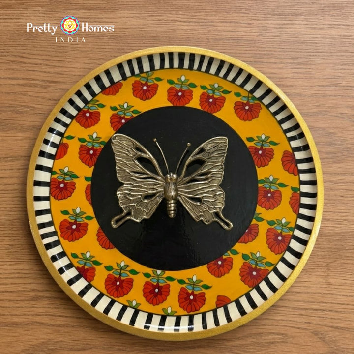 Golden Flutter – Brass Butterfly Handpainted Wall Plate