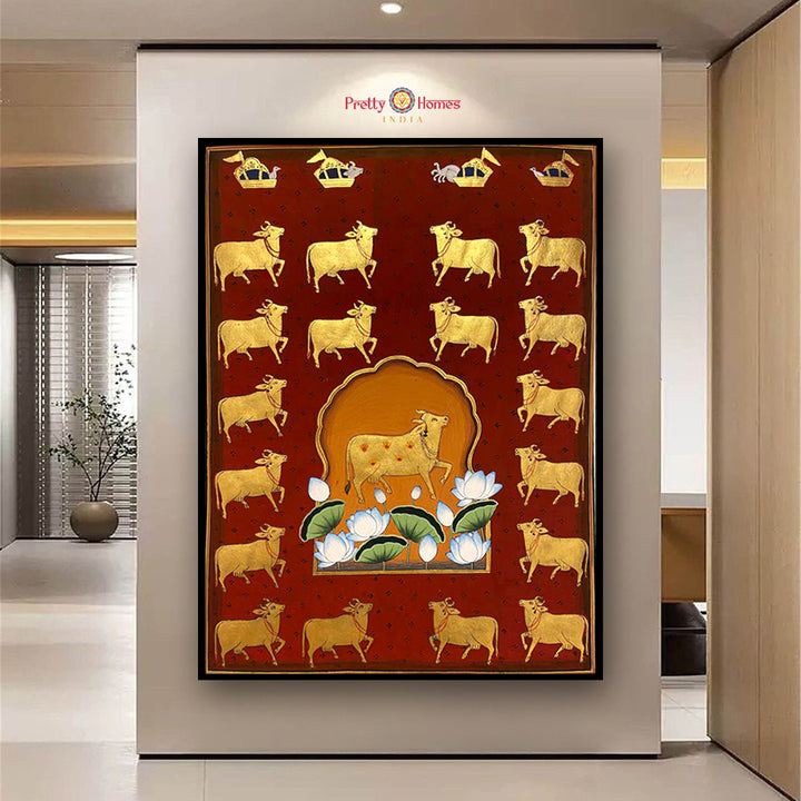 Golden cows and lotus in hand painted Pichwai painting. Pichwai design.