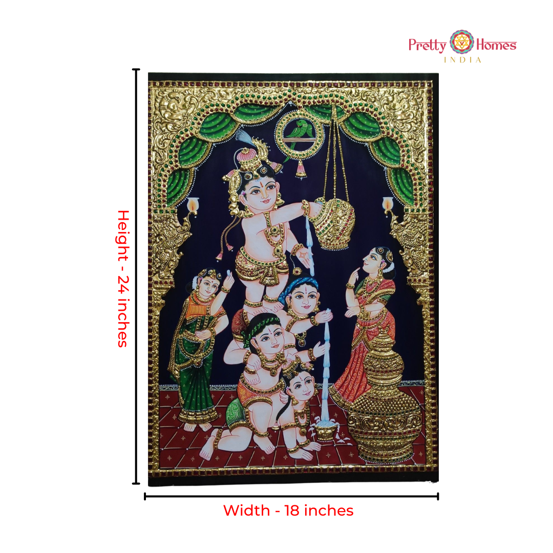 Makhan Chor Lord Krishna with Sakhas Tanjore in Real Gold