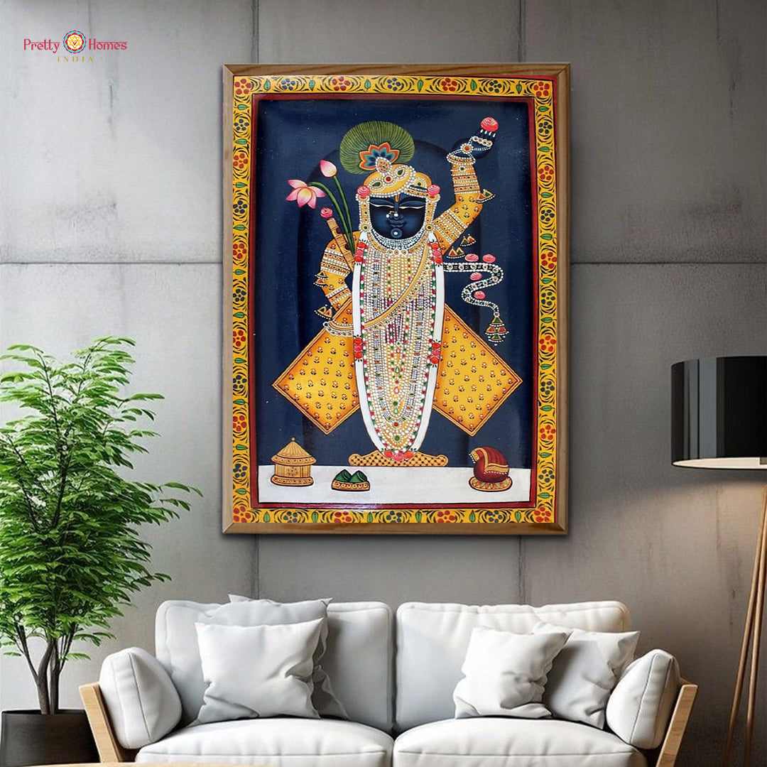 Handpainted Shrinathji Pichwai on cloth — frontal view with ornate temple motifs for traditional pooja decor.