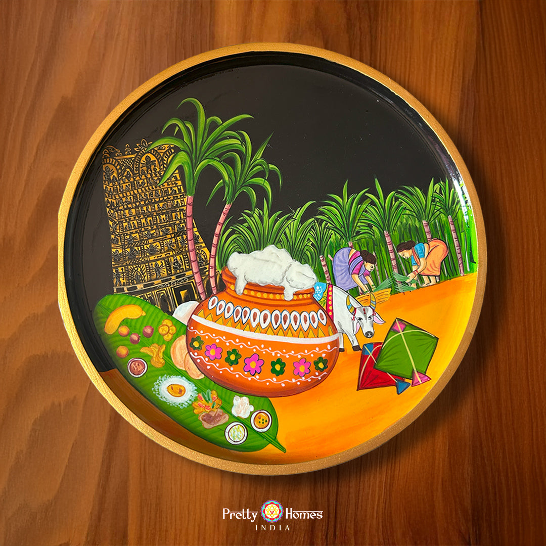 hand-painted wooden pongal and onam wall plate in vibrant colours