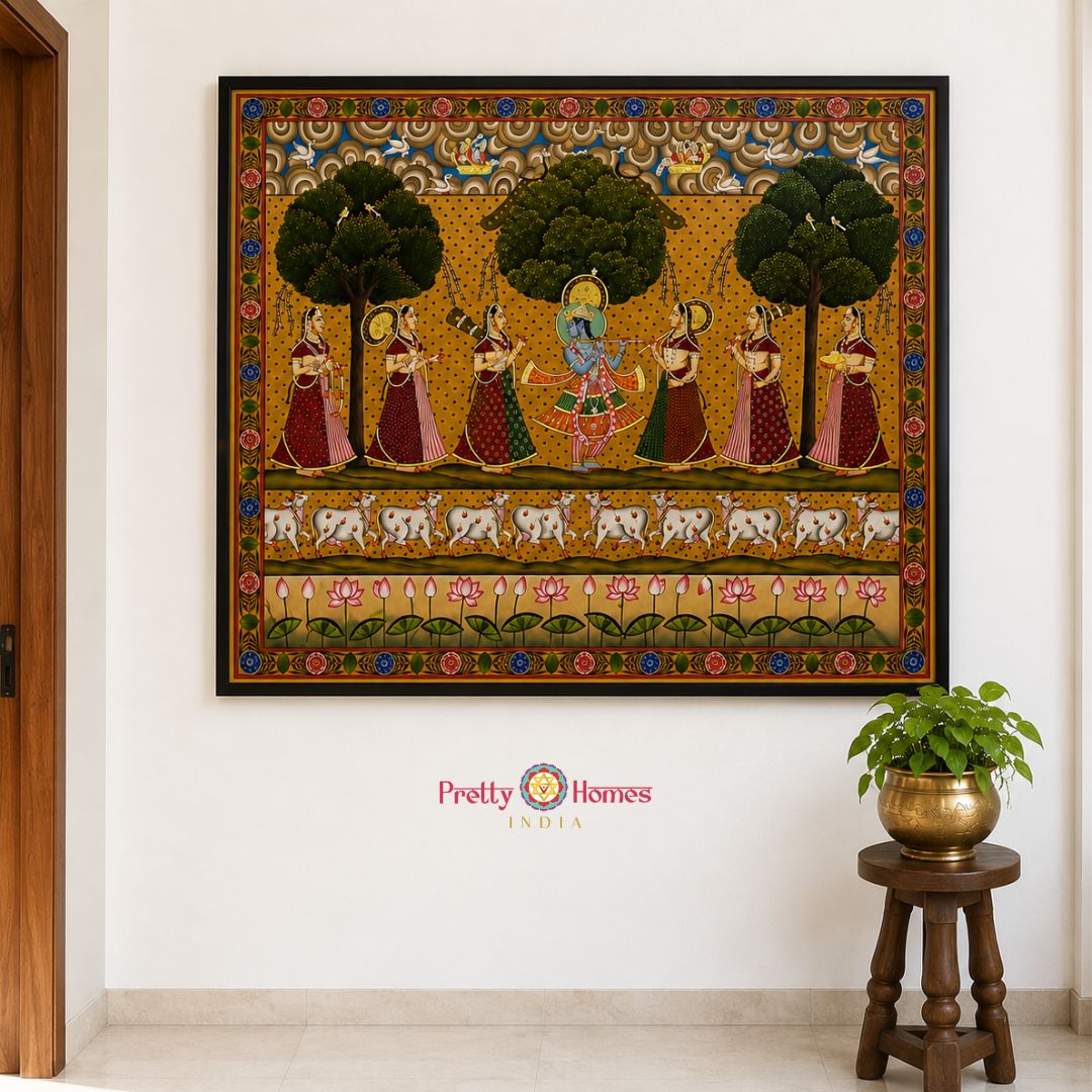 Handpainted Pichwai – Vintage Finish Krishna with Gopis in the Forest