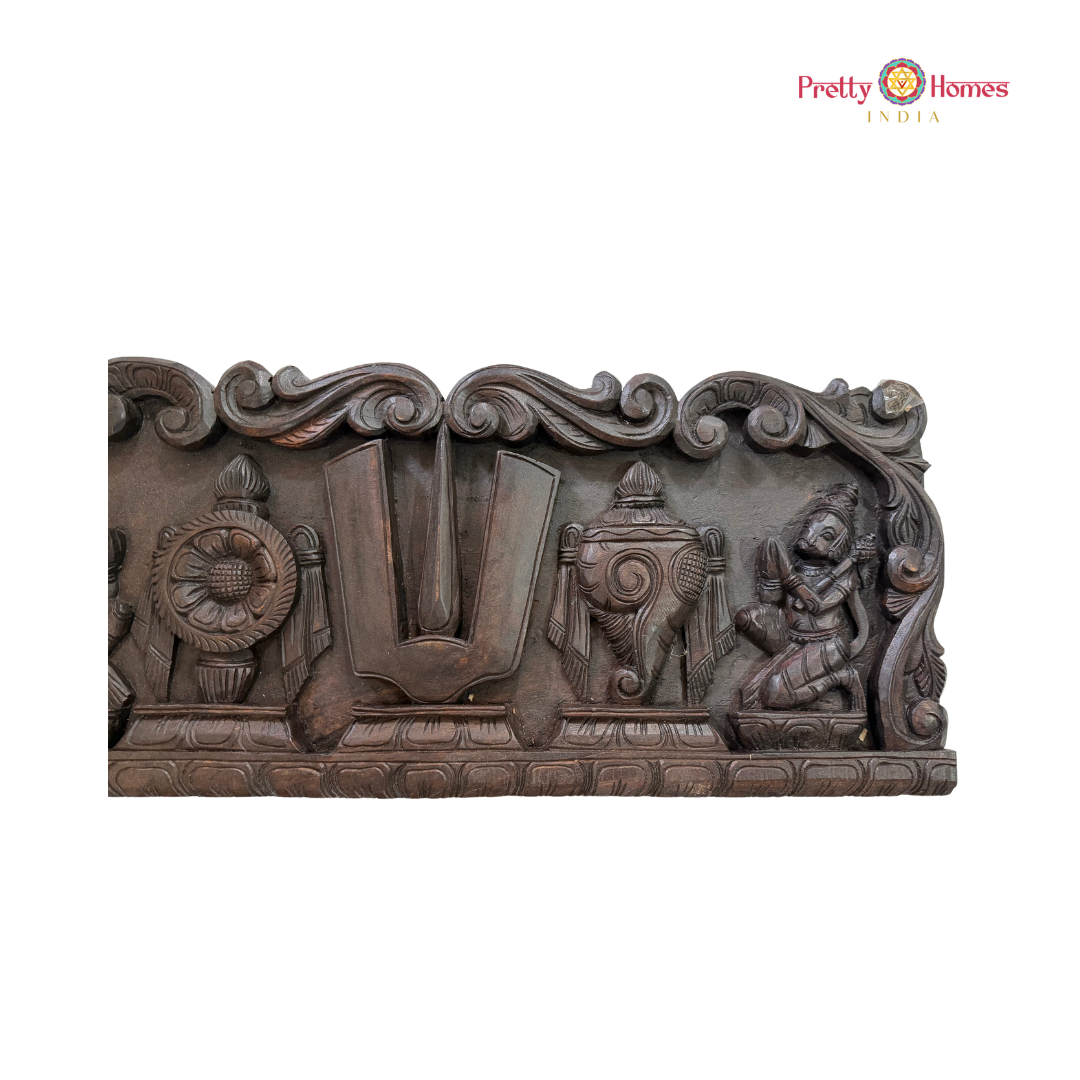 Handcrafted Shankha Chakra Namam Horizontal Wooden Panel with Garuda & Hanuman