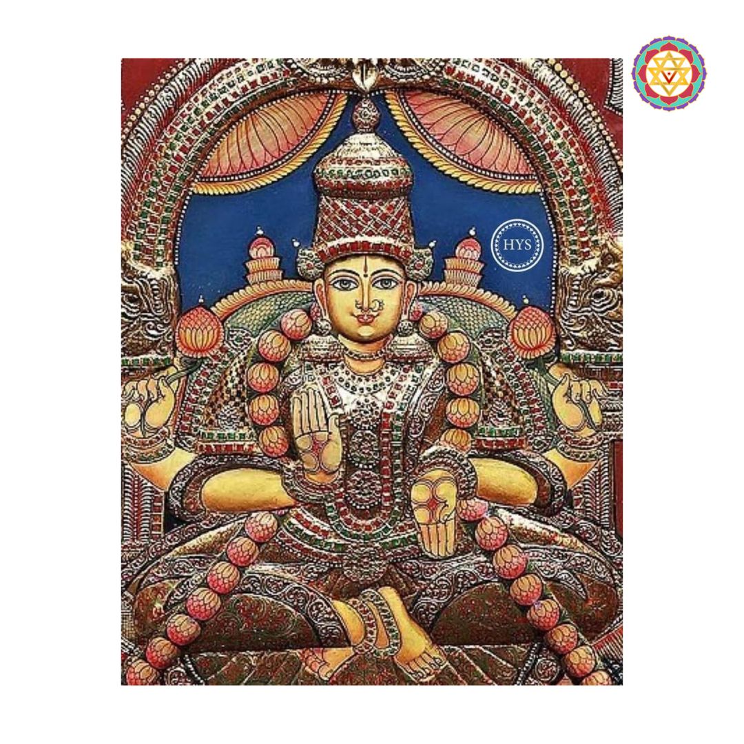 “Detailed view of Gajalakshmi seated on lotus with attendants and gold foil work”