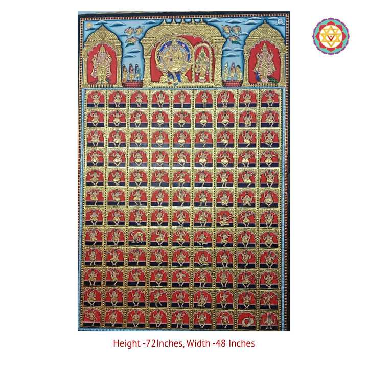 Vintage Handmade Tanjore – Lord Shiva Parvati with Nataraj in 108 Dance Postures | 24K Gold & Teakwood Frame