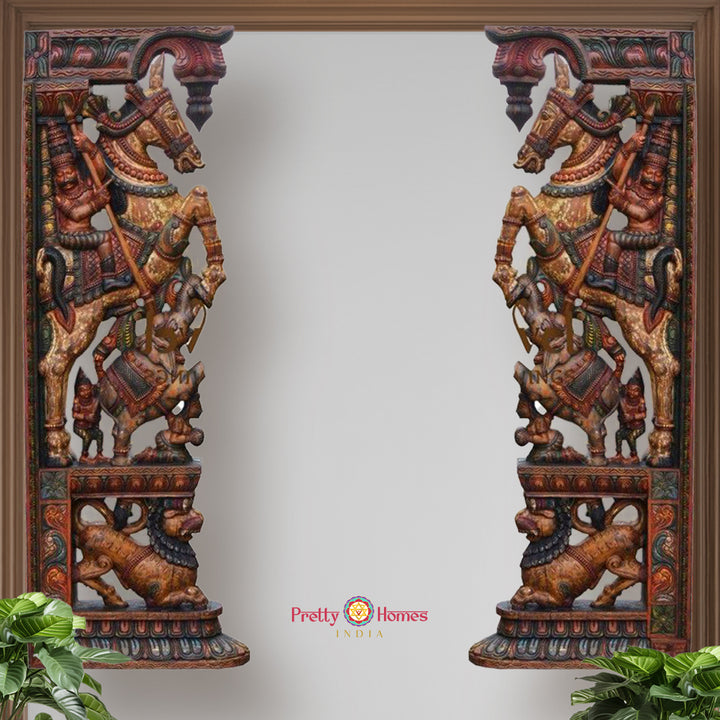 Woodcarved Large Size Architectural design Wall brackets with Horse Rider ,Yalis & Elephants (Pair))