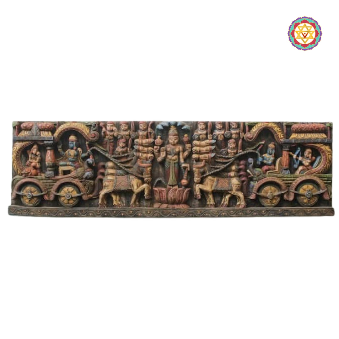 Hand-carved Krishna Arjuna wall panel in multicolour finish