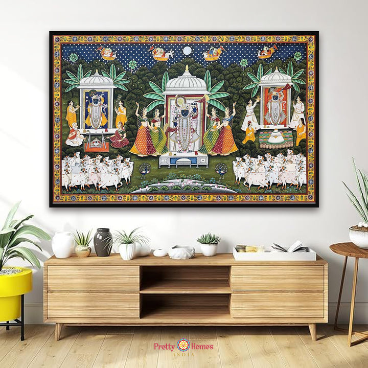 Hand-Painted Pichwai – Teen Darshan (Traditional Pichwai)
