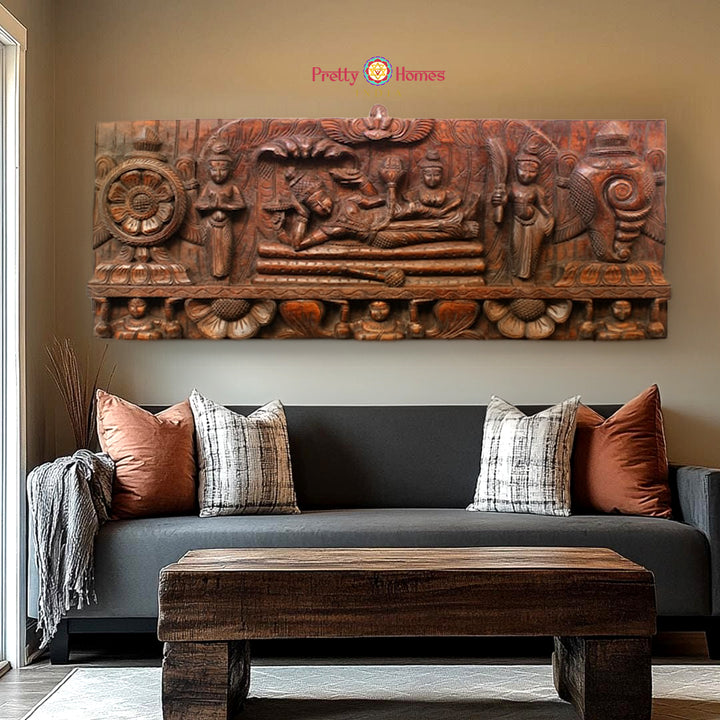 Intricately Handcarved Resting Vishnu Panel – Horizontal Wall Art