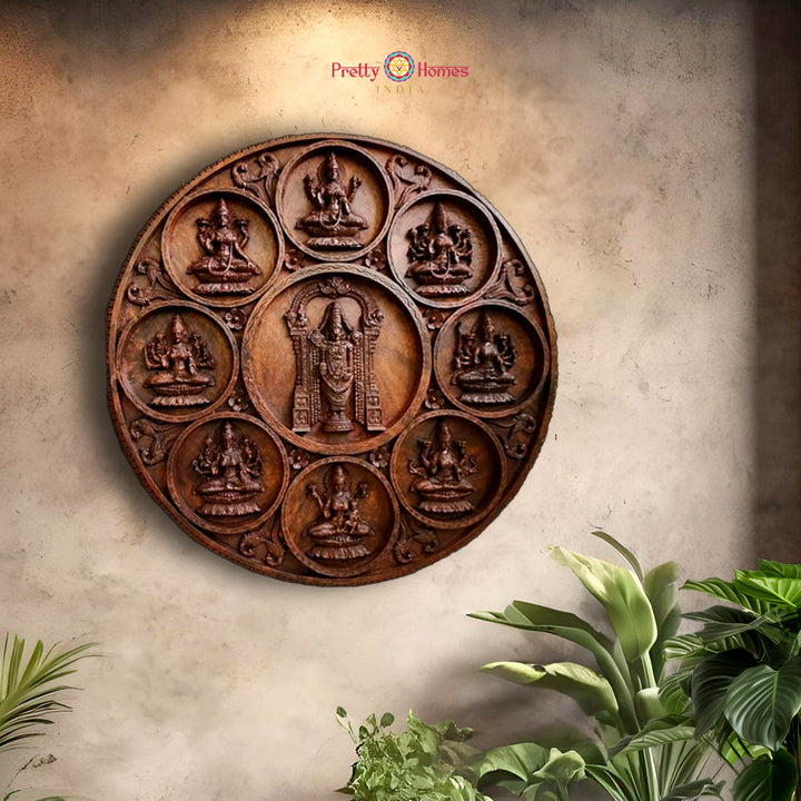 Round wood wall panel with Astalakshmi and Tirupati Balaji