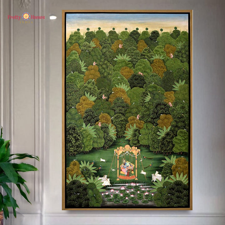 large handpainted pichwai krishna radha on swing in forest full artwork showing divine swing scene with lush tree detailing
