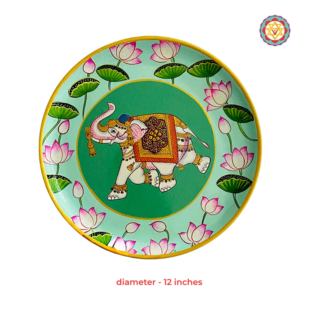 Majestic elephant Pichwai wall plate artwork with intricate lotus detailing heritage inspired wall decor