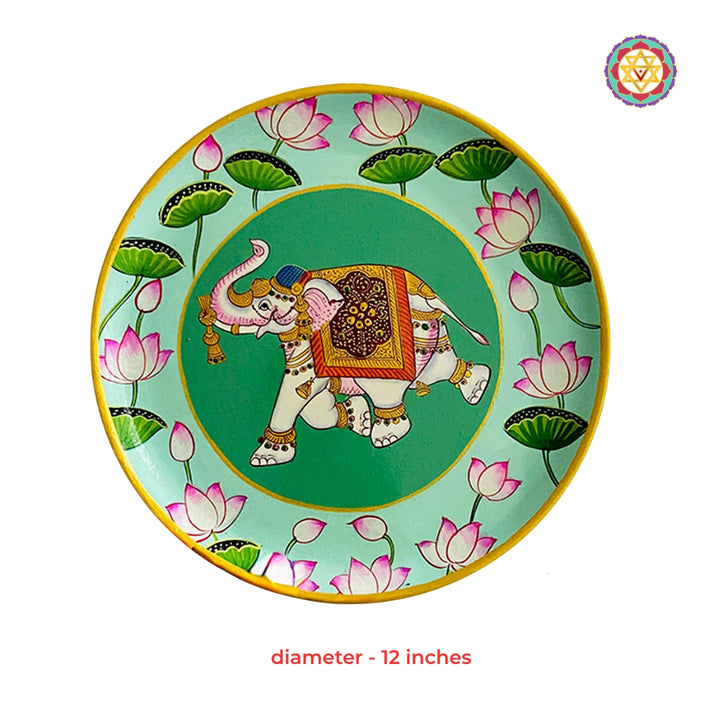 Majestic elephant Pichwai wall plate artwork with intricate lotus detailing heritage inspired wall decor