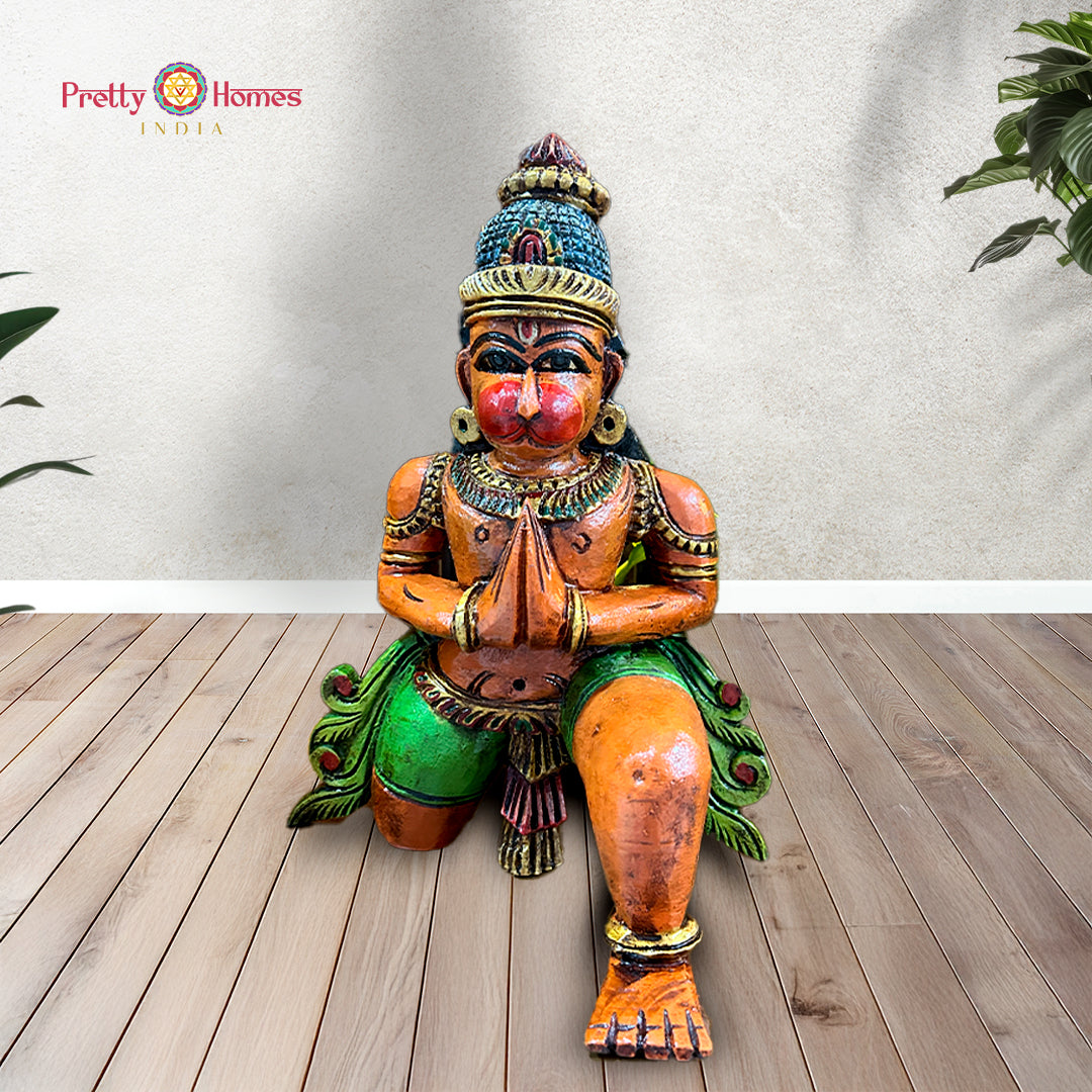 Woodcarved Sitting Hanuman sculpture.