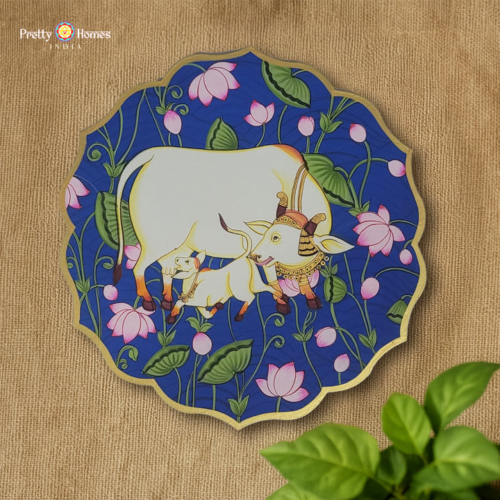 Handpainted Petal-Shaped Pichwai Wall Plate – Cow and Calf with Lotuses | Pichwai Artwork