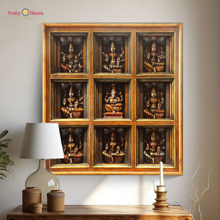 Wooden carved wall panels featuring Ashtalakshmi and Ganesha