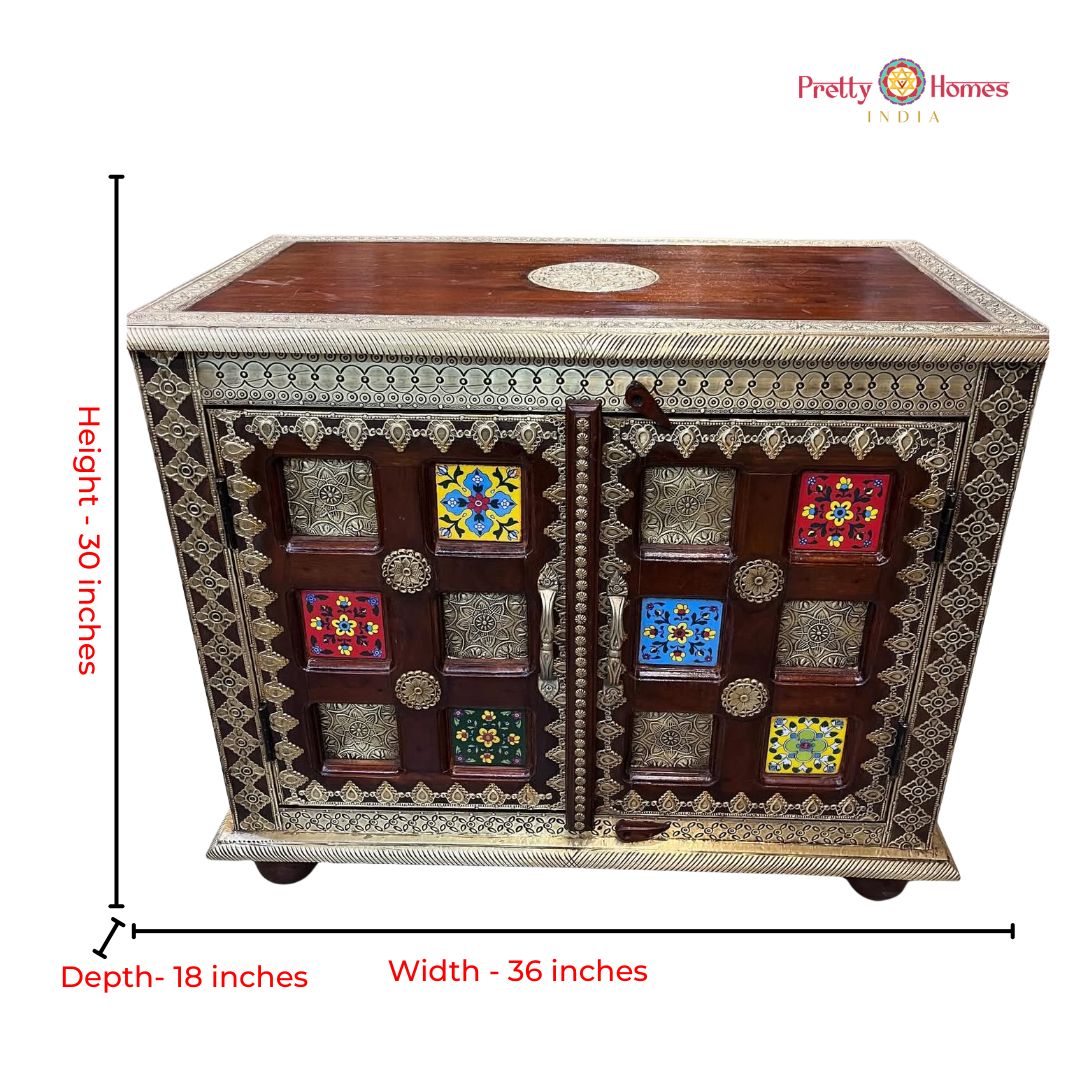 Handcrafted Wooden Console Cabinet with Brass & Tile Work