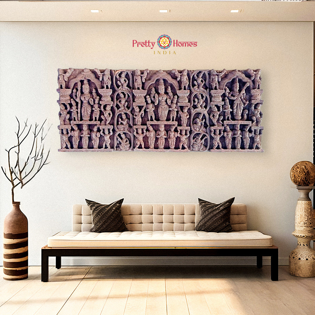 Handcarved panel featuring Brahma, Vishnu, and Mahesh with other gods – traditional Indian wood art.