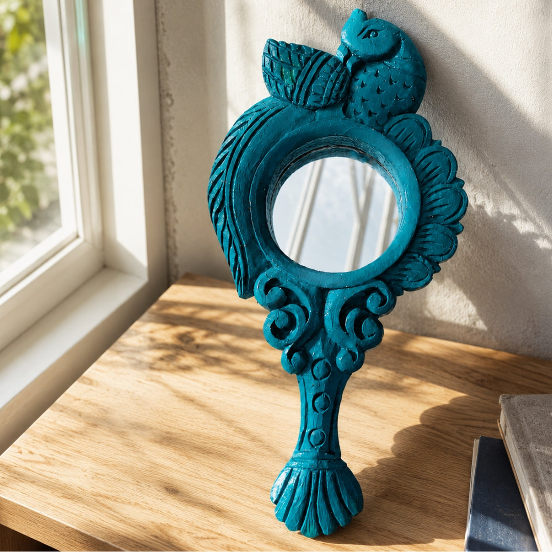 Woodcarved Single Parrot Mirror Frame – Antique Green Mahogany Decor