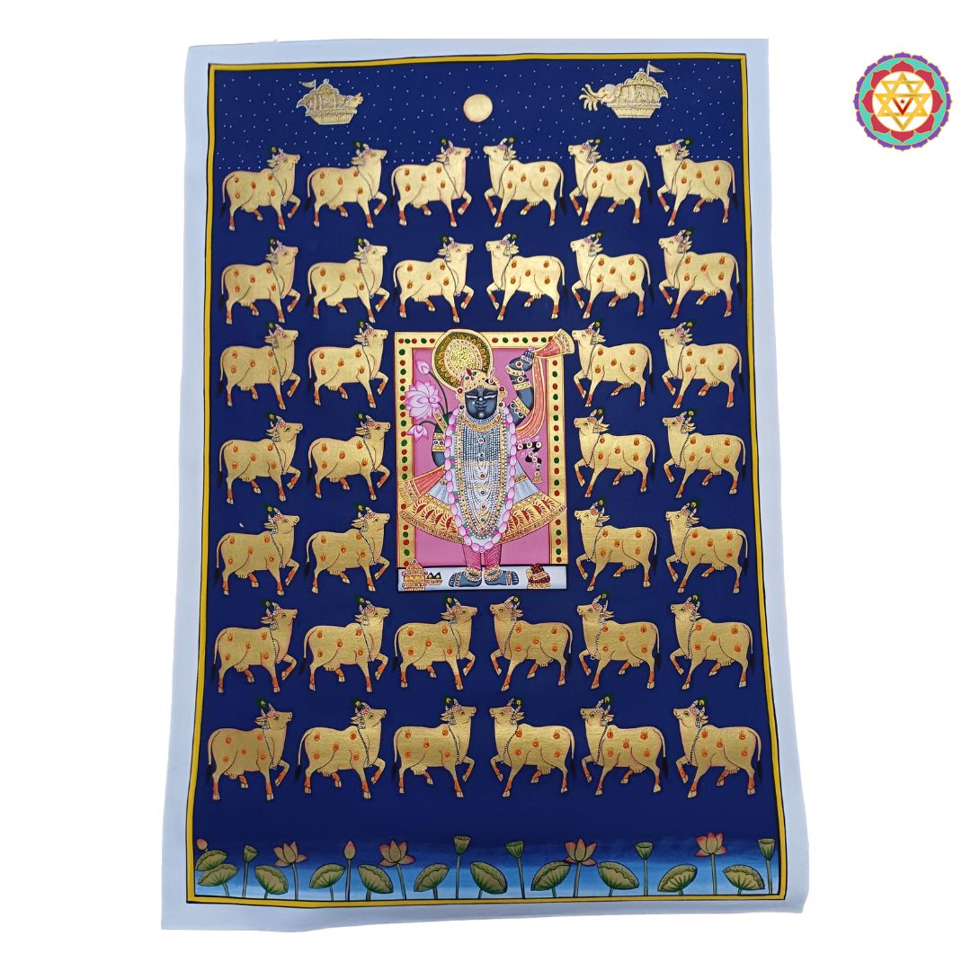 hand-painted pichwai painting -Shrinathji with Golden Cows