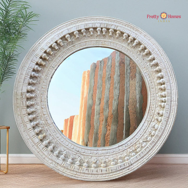 Rustic White Spindle Round Mirror Frame for Vintage Wall Decor & Home Interiors