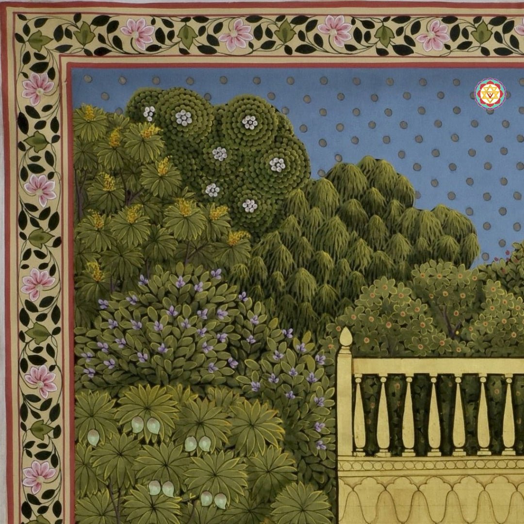 Angled view of Radha Krishna Pichwai — traditional Indian devotional painting on cloth with heritage motifs