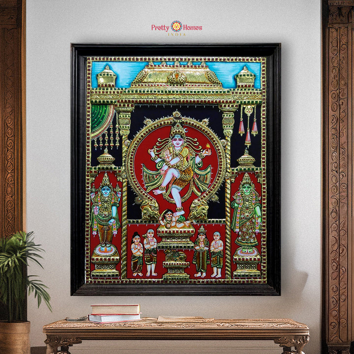 Lord Shiva Nataraja Tanjore style painting with Vishnu and Lakshmi in real gold work