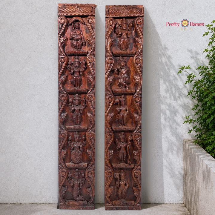 Vertical Vishnu Dasavtar Woodcarved Wall Panel Pair