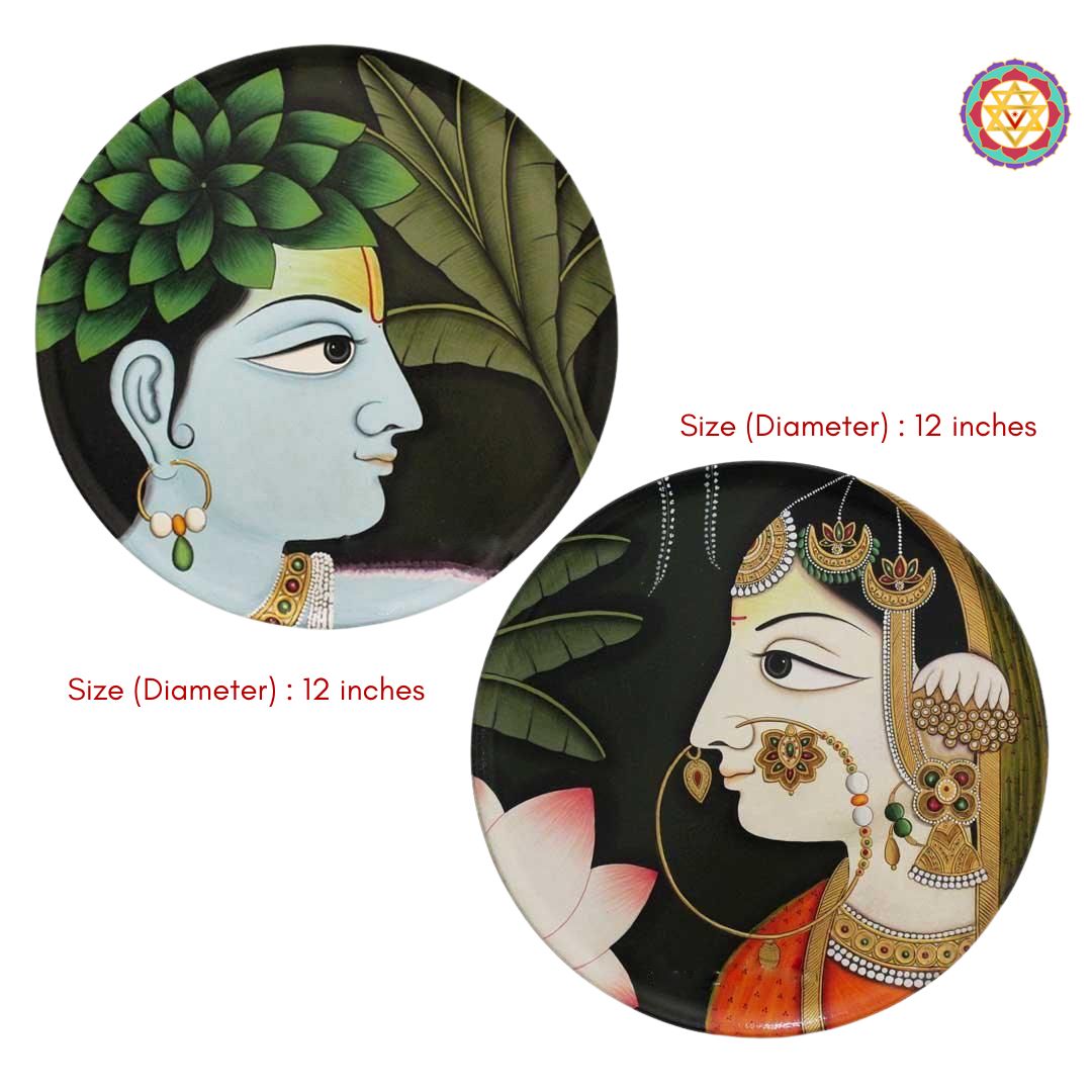 close-up detailing of radha krishna in pahadi style hand painting