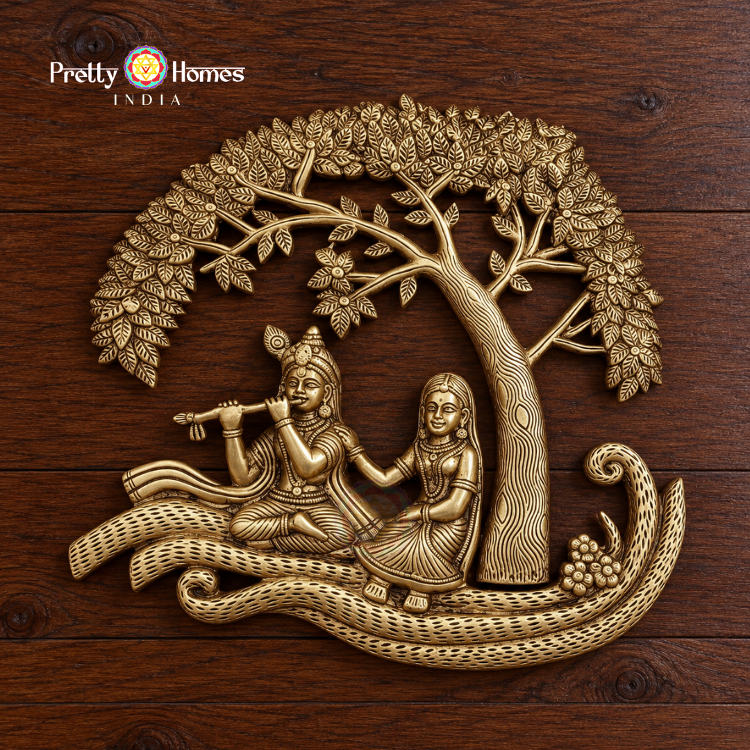 Brass Radha Krishna Under the Tree Wall Hanging
