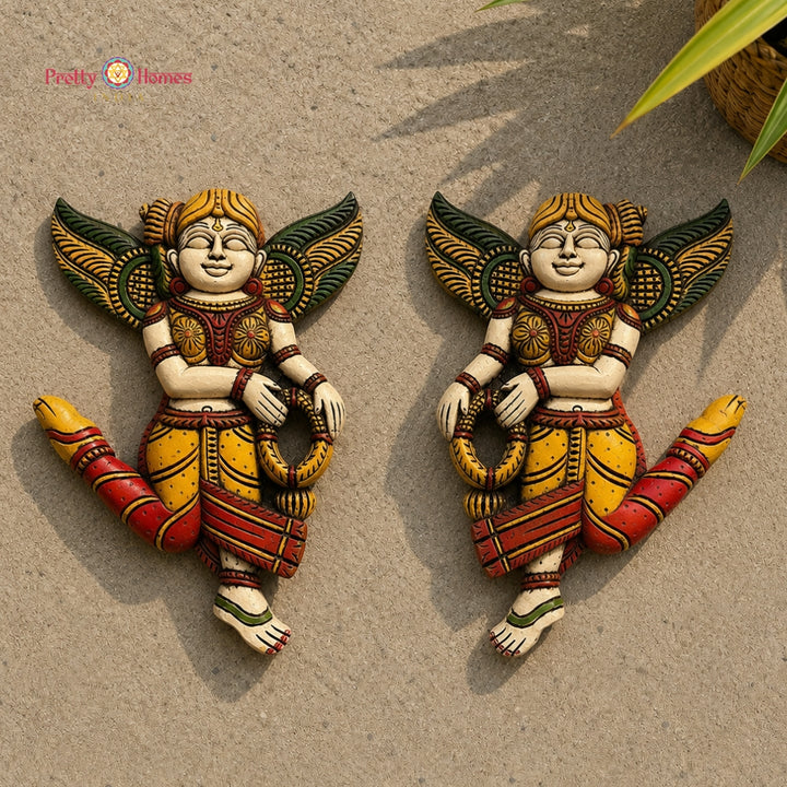 Celestial Gandharva Angel Wooden Wall Mount Pair with Garland Design
