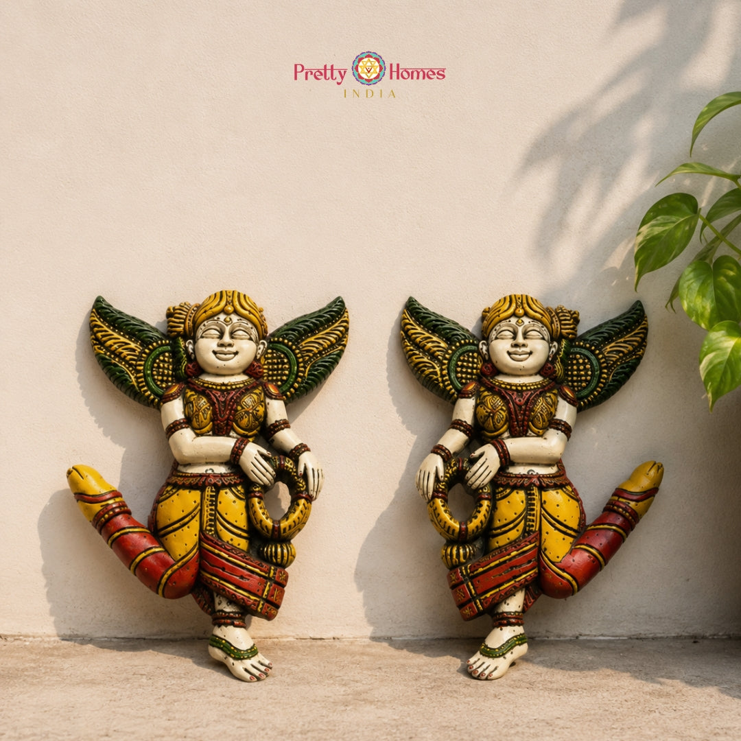 Celestial Gandharva Angel Wooden Wall Mount Pair with Garland Design